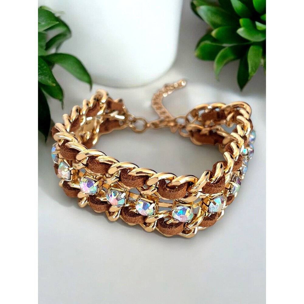 New Gold Tone Link Bracelet Aurora Borealis Crystals Leather - 10B